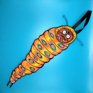Giant Embroidered Red Devil Space Worm  Hanging One Of A Kind Art