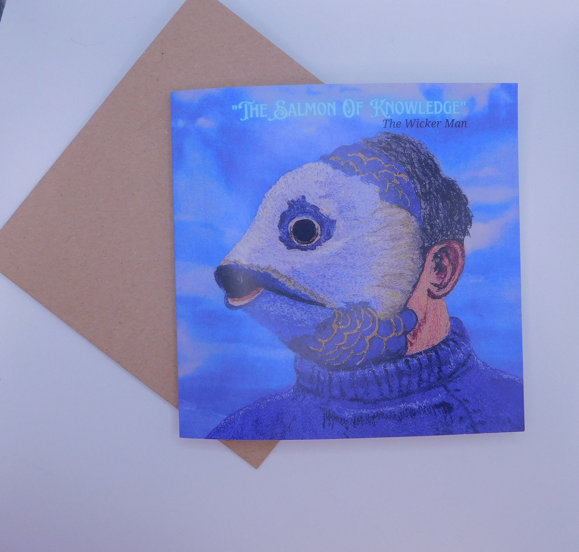 The Wicker Man 1973 Original Fish Mask Embroidery Textile  Art 15 x 15  High Quality Printed Blank Card