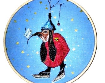 Hieronymus Bosch Demon Messenger Bird Unique One Off Textile Embroidered Hand Made Wall Hoop
