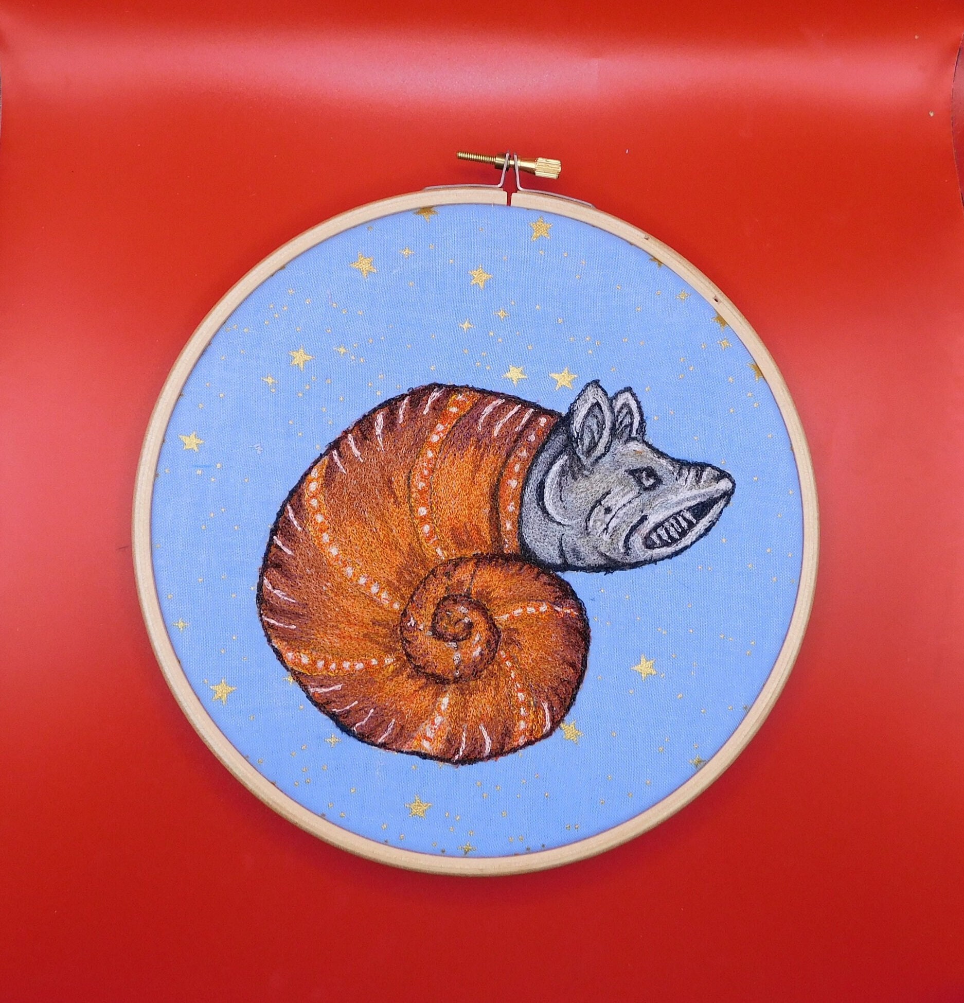 Medieval Marginalia Snail Pig Boar One Of A Kind Embroidery 7 Inch Unusual Wall Art Hanging Hoop