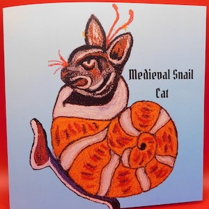 Tarjeta de bordado de gato y caracol medieval Arte bestiario extraño