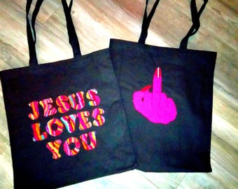 Middle Finger  Rude Embroidered Applique Double Sided Dual Purpose Large Strong Canvas Tote Bag