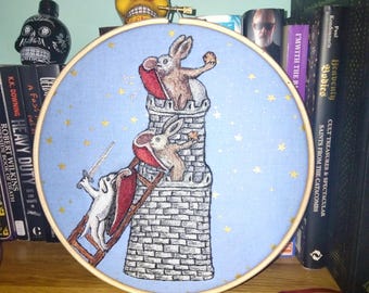 Medieval Marginalia Fighting Murder Rabbits Complete Unique Hand Made Embroidery 9 Inch Complete Hanging Hoop