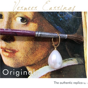 Vermeer Medium drop pearl earrings inspired by Girl with a pearl earring, in sterling silver and 24 karat gold, perfect gift for art lovers