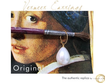 Vermeer Medium drop pearl earrings inspired by Girl with a pearl earring, in sterling silver and 24 karat gold, perfect gift for art lovers