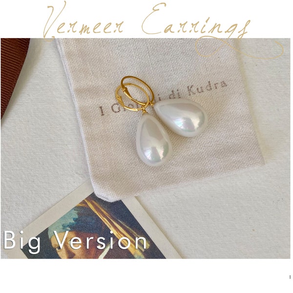 Vermeer Big drop pearl earrings inspired by Girl with a pearl earring, in sterling silver and 24 karat gold, perfect gift for art lovers