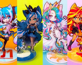 May include: Five colorful anime-style character figurines with a unicorn or pony companion. The characters are standing on clear acrylic bases with a design that matches their character. The characters are all wearing different outfits and have different hair colors and styles. The characters are all smiling and looking happy. The figurines are all about 4 inches tall.