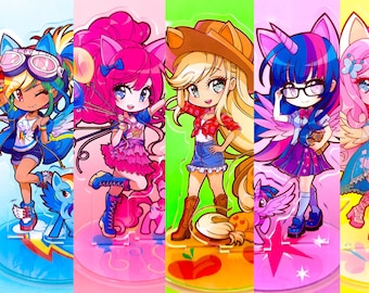 May include: Six colorful chibi-style figures of the My Little Pony characters, each with a unique outfit and pose. The characters are Rainbow Dash, Pinkie Pie, Applejack, Twilight Sparkle, Fluttershy, and Rarity. Each figure is on a clear acrylic stand with a design related to the character.