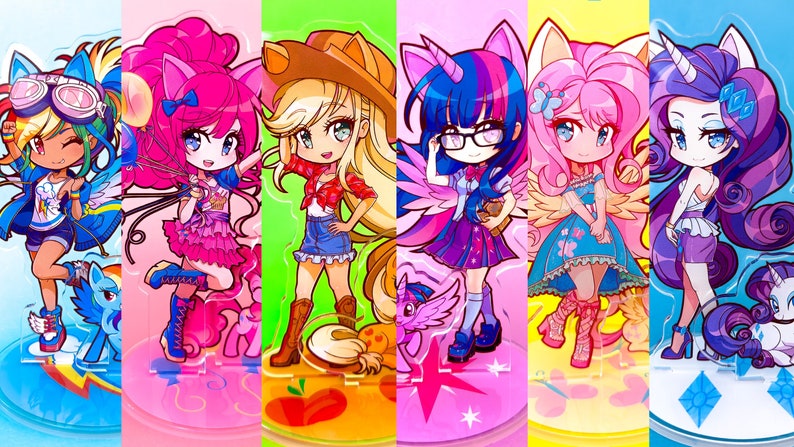 May include: Six colorful chibi-style figures of the My Little Pony characters, each with a unique outfit and pose. The characters are Rainbow Dash, Pinkie Pie, Applejack, Twilight Sparkle, Fluttershy, and Rarity. Each figure is on a clear acrylic stand with a design related to the character.