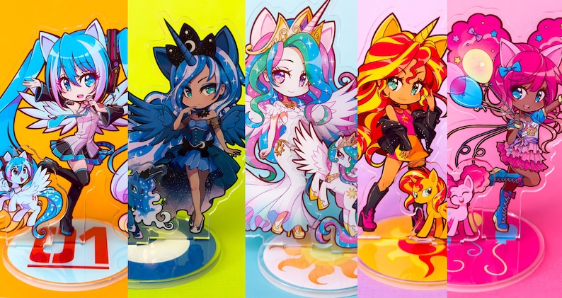 Puede incluir: Cinco figuritas de personajes de estilo anime de colores con un compa&ntilde;ero unicornio o pony. Los personajes est&aacute;n de pie sobre bases de acr&iacute;lico transparente con un dise&ntilde;o que coincide con su personaje. Los personajes llevan todos atuendos diferentes y tienen diferentes colores y estilos de cabello. Los personajes sonr&iacute;en y parecen felices. Las figuritas miden aproximadamente 10 cm de alto.