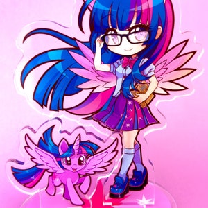 May include: A pink and blue anime-style character with a unicorn horn, glasses, and wings stands on a pink base with a pink star. A smaller pink pony with wings stands in front of the character.