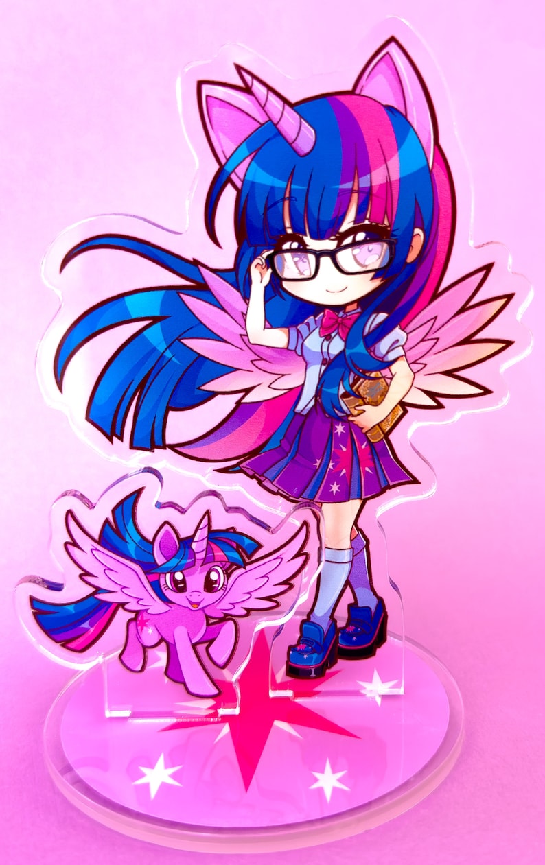 May include: A pink and blue anime-style character with a unicorn horn, glasses, and wings stands on a pink base with a pink star. A smaller pink pony with wings stands in front of the character.
