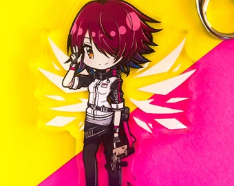 May include: A white and black anime-style character with red hair and a halo, holding a gun. The character is wearing a white jacket with black accents and black pants. The character is standing in front of a white wing with a black outline. The background is yellow and pink.