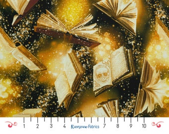 Spell Books Fabric by the Yard, Timeless Treasures, 100% Quilting Cotton, Fat Quarters, Black Background, Magic Books, Library, Halloween
