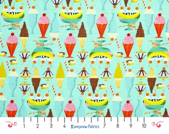 May include: A turquoise blue fabric with a repeating pattern of ice cream cones, sundaes, banana splits, and cherries. The fabric is perfect for quilting, crafts, and home decor.