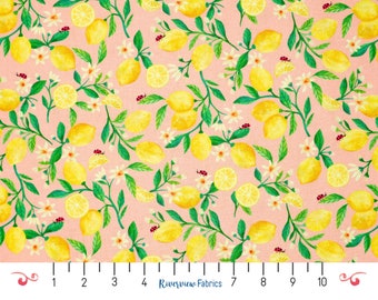 Lemon Fabric By the Yard, P&B Textiles, 100% Quilting Cotton, Fat Quarters, Ladybugs, Peachy Pink/Yellow/Green