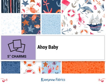 Charm Pack - Nautical Fabric 5" Squares, Ahoy Baby Collection, P&B Textile, 100% Quilting Cotton, Fabric for Baby Quilt, Ocean, Anchor, Fish