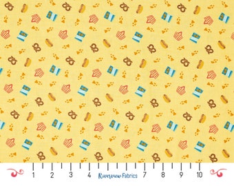 Snack Foods Fabric by the Yard, Mini Market Collection, Cotton+Steel, Yellow, 100% Quilting Cotton, Fat Quarters, Pretzels, Hot Dogs, Chips