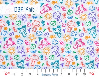 Kids Doodles Jersey Knit Fabric by the Yard, Double Brushed Polyester, Fabric Merchants, Dress Fabric, Soft Apparel Fabric
