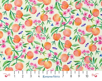 Peach Fabric By the Yard, P&B Textiles, 100% Quilting Cotton, Fat Quarters, Moths, Orange/Pink/Purple/Green, Bugs, Floral, Fruit