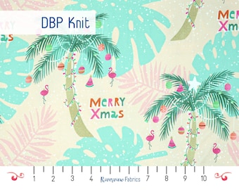 Tropischer Weihnachts-Jersey, Schüttgut, Pfirsich / Türkis / Pink / Grün, doppelt gebürstetes Polyester, Stoff für Händler, Feiertagskleid