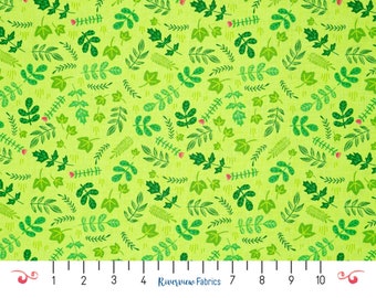 May include: Green fabric with a repeating pattern of various green leaves and small pink flowers. The fabric is textured and has a subtle linen look.