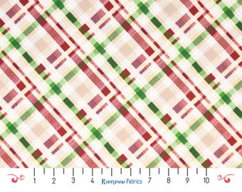 Tela navideña de cuadros al bies, cortada a medida, beige, blanco, verde y rojo, colección Holiday Farmhouse, 100 % algodón para acolchado, Fat Quarters