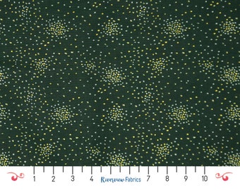 Dark Green with Metallic Gold & White Dots Fabric by the Yard, Cotton+Steel Basics - Clusters, Blenders, 100% Quilting Cotton, Fat Quarters