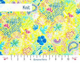Tejido de punto tropical cortado a medida, Art Gallery Fabrics, tejido elástico, amarillo, rosa, azul y verde, hojas de palmera, flamenco y flores de hibisco.