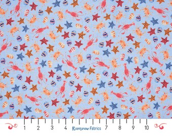 Tessuto con creature marine, tagliato su misura, azzurro, collezione Ahoy Baby, P&B Textiles, 100% cotone per quilting, fat quarters, pesce, aragosta, oceano