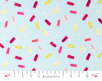 May include: A light blue fabric with a repeating pattern of colorful popsicles. The popsicles are in various colors, including pink, yellow, and green. The fabric is perfect for crafting projects, quilting, and sewing.