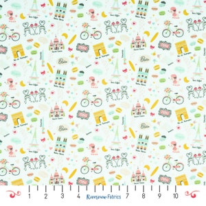 Paris Fabric by the Yard, Paris Landmarks, French Food, White Background, Camelot Fabrics, 100% Quilting Cotton, Fat Quarters