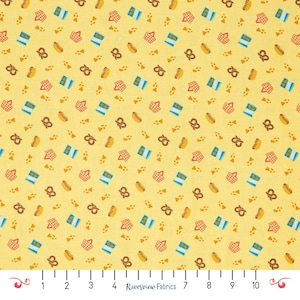 Tela para snacks cortada a medida, Colección Mini Market, Algodón + Acero, Amarillo, 100 % algodón para acolchado, Fat Quarters, Pretzels, Hot Dogs, Papas fritas