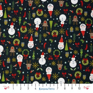 Weihnachtsstoff Meterware, Marineblau, Christmas Lane Kollektion,JR Fabrics, 100% Quilting Cotton, Fat Quarters, Schneemänner, Weihnachtsmann, Kränze