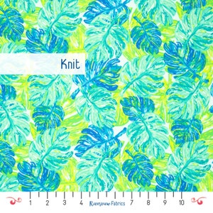 Palm Leaves Knit Fabric By the Yard, White Background, Art Gallery Fabrics, Stretchy Fabric, Blue/Green, Palm Leaves, Tropical Knit