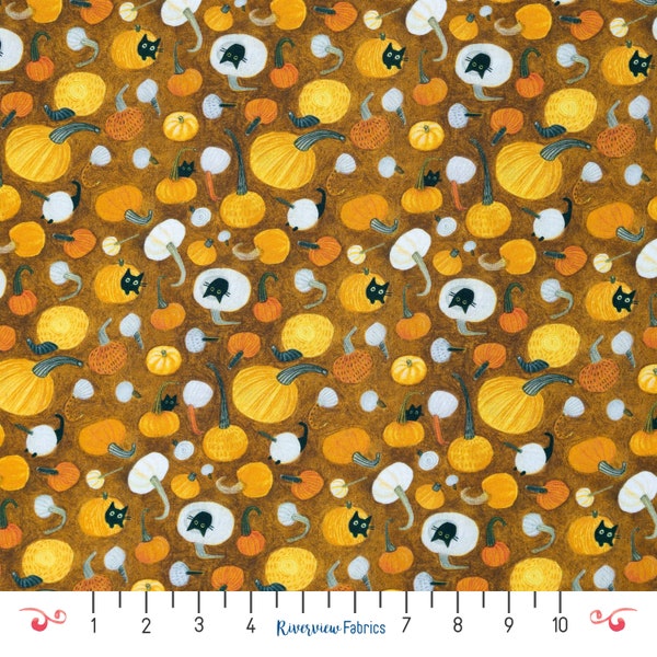 Halloween Fabric by the Yard, Black Cats in Pumpkins, Dear Stella, 100% Quilting Cotton, Fat Quarters