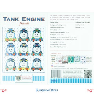 Puede incluir: Un patrón de acolchado para una colcha de Tank Engine con un tren azul con ruedas amarillas y una cara sonriente. El patrón incluye instrucciones para hacer una colcha que mide 147 cm por 157 cm. El patrón está disponible en Kelli Fannin Quilt Designs.