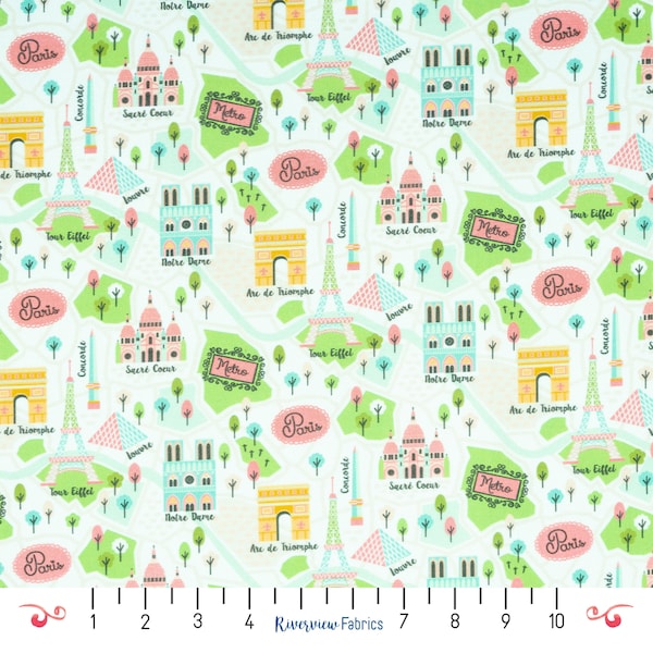 Paris Landmarks Fabric by the Yard, White Background, Camelot Fabrics, 100% Quilting Cotton, Fat Quarters, Eiffel Tower, Notre Dame, Louvre