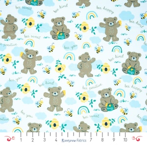 Bears and Bees Fabric by the Yard, White, Hello Honey Collection, StudioE Fabrics, 100% Quilting Cotton, Fat Quarters, Rainbows, Beehive