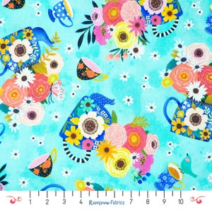 May include: A turquoise blue fabric with a repeating pattern of teapots and teacups filled with colorful flowers. The teapots and teacups are decorated with black and white stripes and polka dots. The flowers are in shades of pink, yellow, orange, and red.