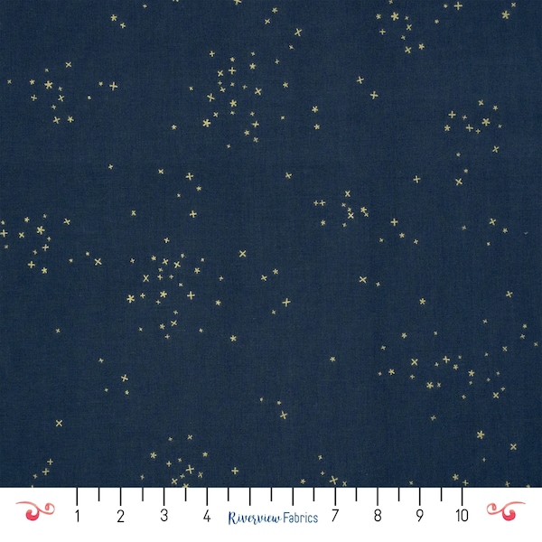Dark Blue with Metallic Gold Stars Fabric by the Yard, Cotton+Steel Basics - Freckles, 100% Quilting Cotton