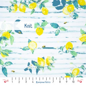 Lemons Knit Fabric By the Yard, White Background with Light Blue Stripes, Art Gallery Fabrics, Stretchy Fabric, Bumble Bees