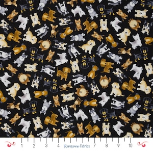 Dog Fabric By the Yard, Black, Happiness has Paws Collection, Timeless Treasures, 100% Quilting Cotton, Fat Quarters, Small Print