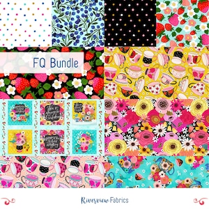 May include: FQ Bundle of 10 fabric squares featuring various patterns including floral, polka dot, teacups, and strawberries. The fabric squares are arranged in a grid pattern. The text "FQ Bundle" is displayed in the center of the image.