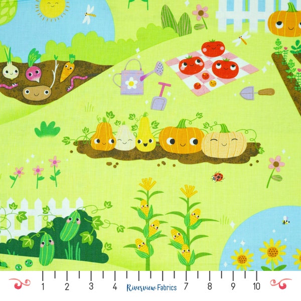 Garden Fabric by the Yard, Let It Grow Collection, Studio E Fabrics, 100% Quilting Cotton, Cute Vegetable Fabric