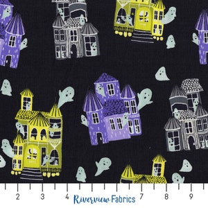 Haunted House Fabric By the Yard, Black Background, Bring Your Own Boos Collection, Cotton+Steel Fabrics, 100% Quilting Cotton, Fat Quarters