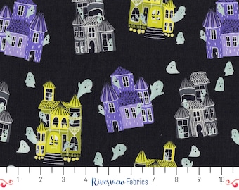 Tela de casa embrujada cortada a medida, fondo negro, colección Bring Your Own Boos, telas Cotton+Steel, 100 % algodón para acolchado, Fat Quarters