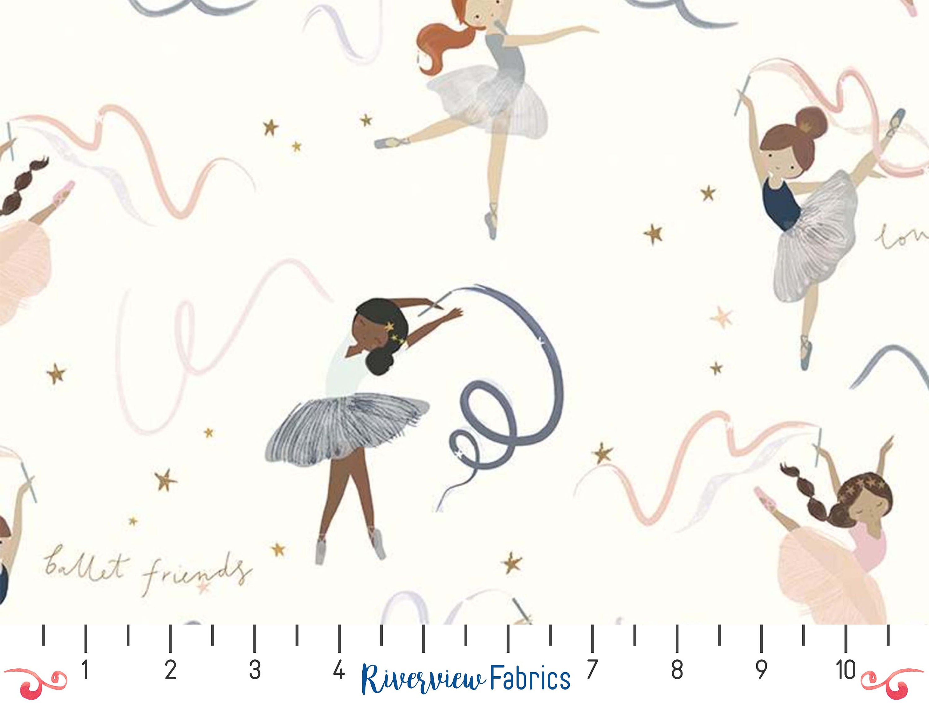 Ballerina Fabric by the Yard, Dancers, Off-White Background with Metallic Gold, Riley Blake, 100% Quilting Cotton, Fat Quarters