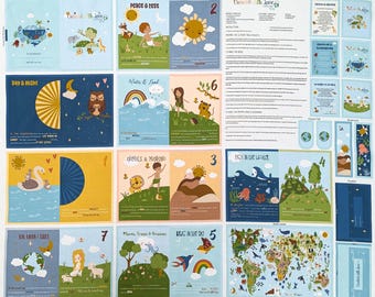May include: A fabric panel for a soft book or toy, featuring illustrated scenes with text. Panels include "Day & Night", "Animals & Mankind", and "Sun, Moon & Stars". The text "Soft Book/Toy Panel" and "Riverview Fabrics" are also visible.