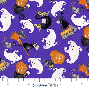 Boo! - Glow in the Dark - Tossed Cats & Ghosts | Henry Glass | Quilting Cotton Fabric By the Yard, Fat Quarters